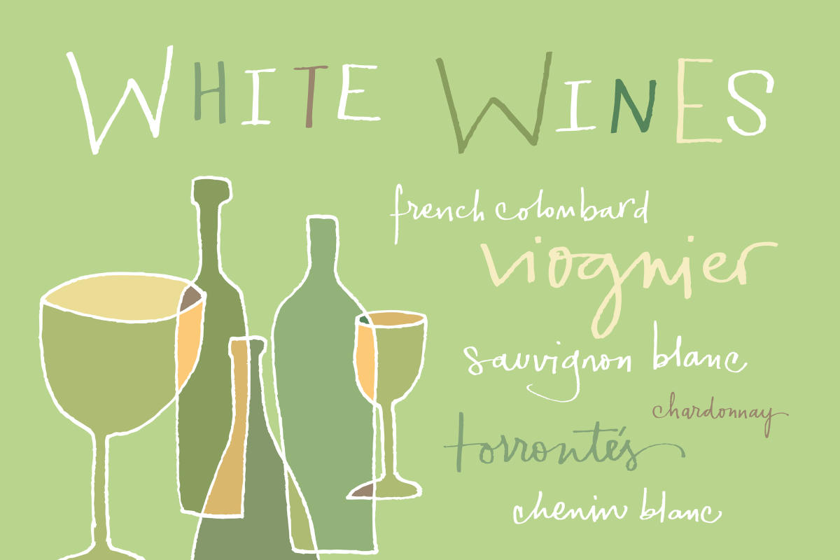 Different types of white wines are shown in an infographic. French colombard, viognier, sauvignon blanc, chardonnay, torrontes, chenin blanc are all included.
